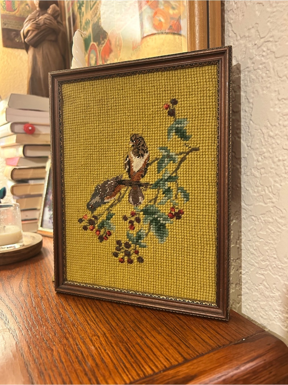 Vintage Framed Yellow Bird Cross-Stitch Wall Art